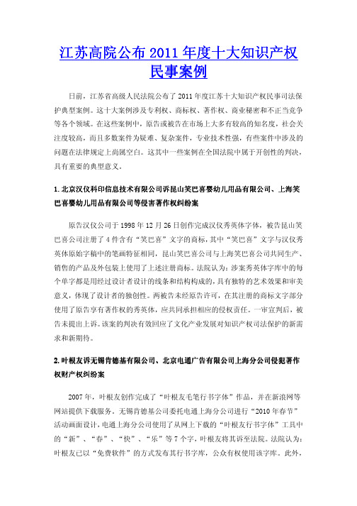江苏高院公布2011年度十大知识产权案例