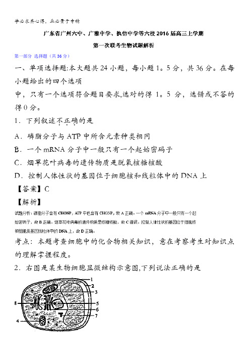 广东省广州六中、广雅中学、执信中学等六校2016届高三上学期第一次联考生物试题 含解析