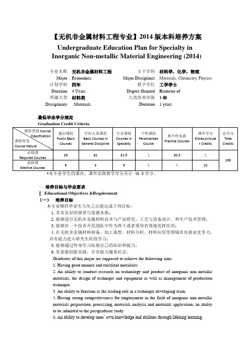 武汉理工大学【无机非金属材料工程专业】2014版本科培养方案