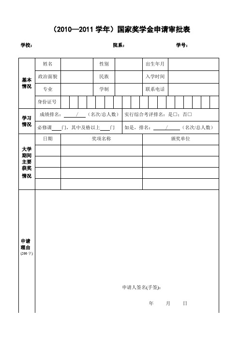 国家奖学金相关表格