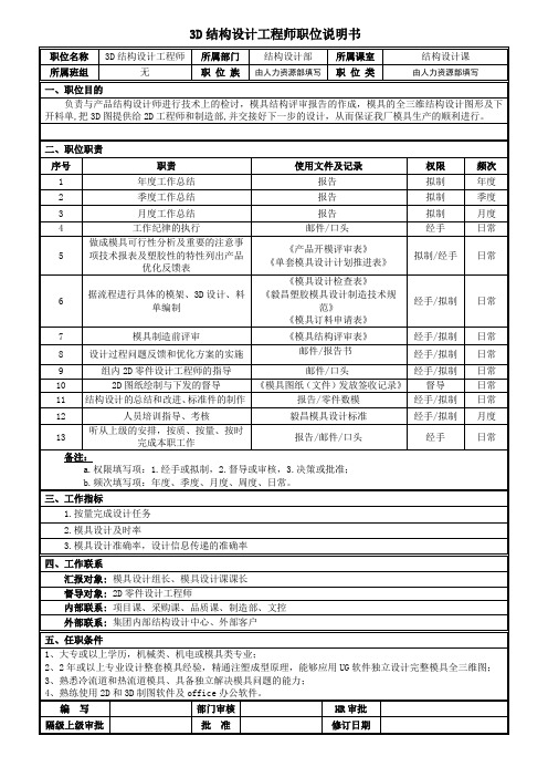 3D结构设计工程师职位说明书