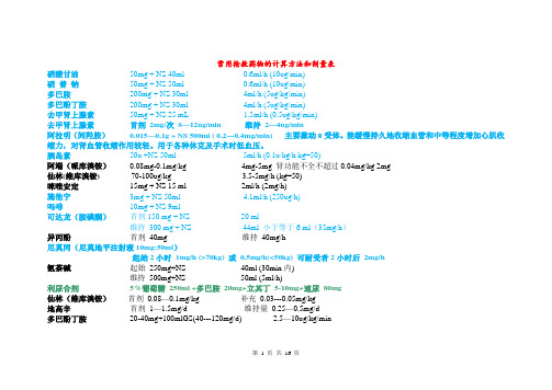 ICU——常用抢救药物的计算方法和剂量表