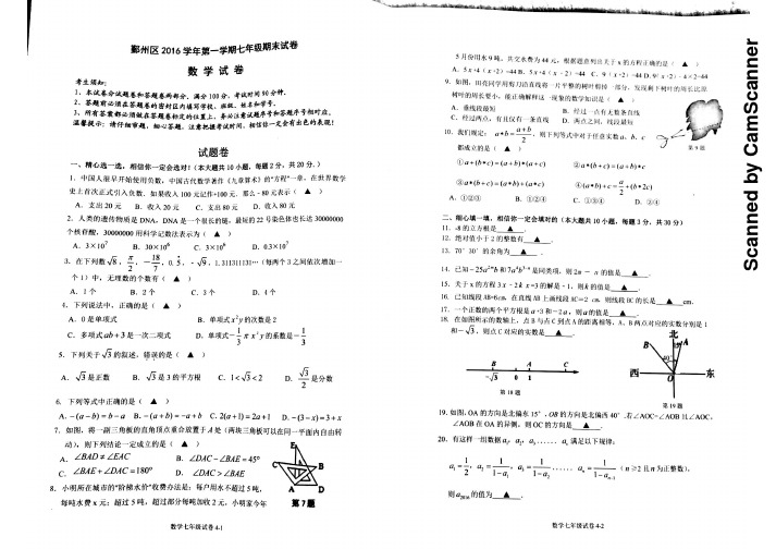 浙江省宁波市鄞州区七年级上学期期末考试数学试题