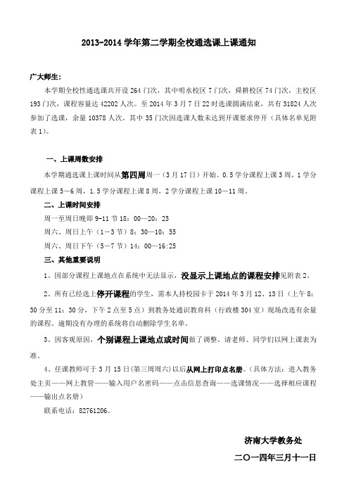 20132014学年第二学期全校通选课上课通知