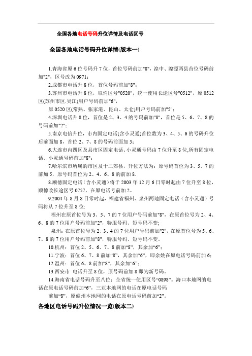 全国各地电话号码升位详情及电话区号表