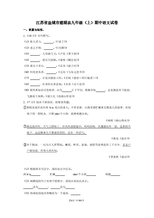 江苏省盐城市建湖县九年级(上)期中语文试卷