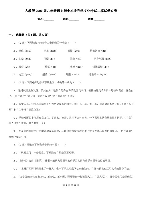 人教版2020届九年级语文初中毕业升学文化考试二模试卷C卷