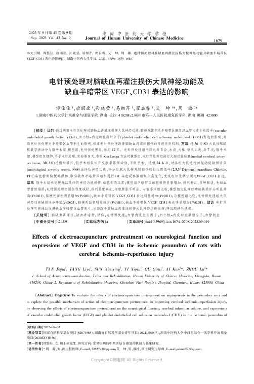 电针预处理对脑缺血再灌注损伤大鼠神经功能及缺血半暗带区VEGF、CD31表达的影响