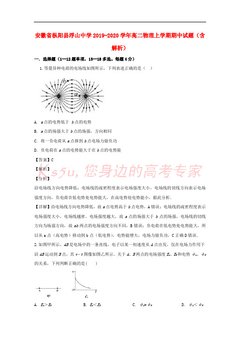 安徽省枞阳县浮山中学2019_2020学年高二物理上学期期中试题含解析