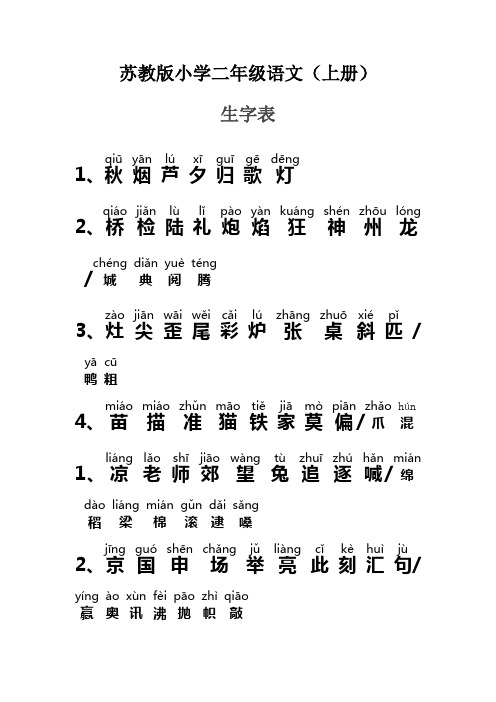 苏教版小学二年级语文上册生字表含拼音