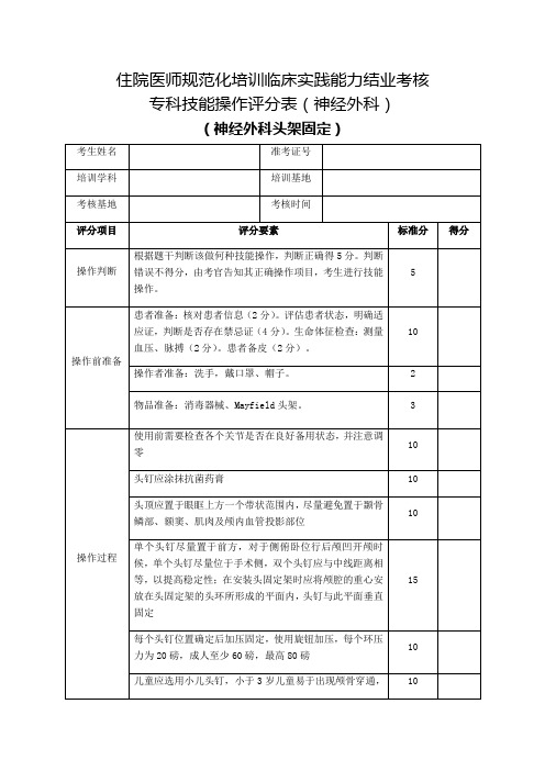 住院医师规范化培训临床实践能力结业考核专科技能操作评分表(神经外科)神经外科头架固定