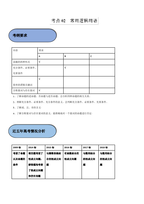 考点02 常用逻辑用语-2019年江苏高考数学五年真题与三年模拟试题考点分类解读  Word版含解析