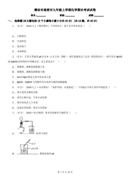 潍坊市高密市九年级上学期化学期末考试试卷