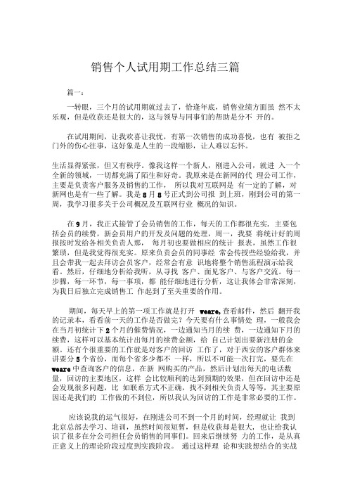 2019年销售个人试用期工作总结三篇范文