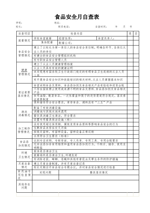 食品安全月自查表