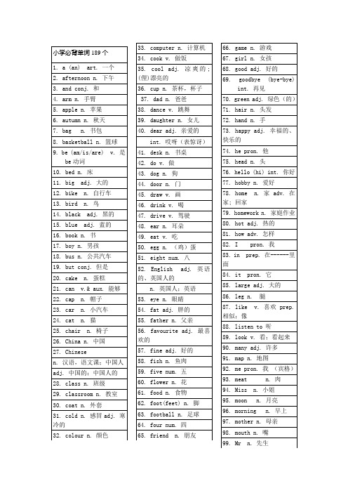 小学必背单词189个有表格