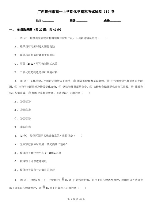 广西贺州市高一上学期化学期末考试试卷(I)卷
