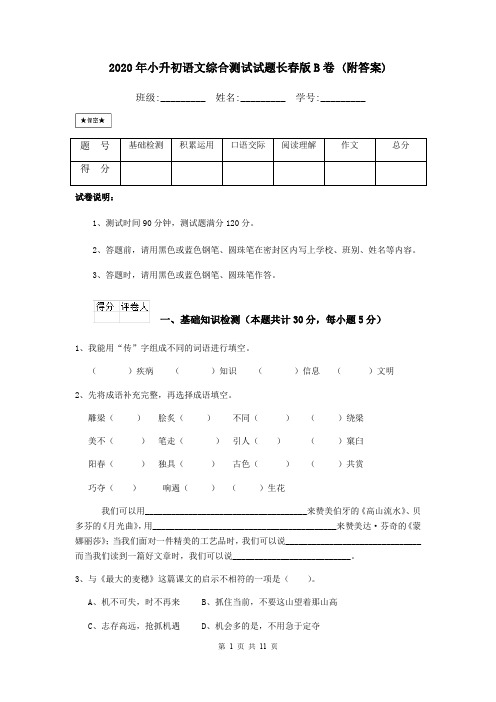 2020年小升初语文综合测试试题长春版B卷 (附答案)