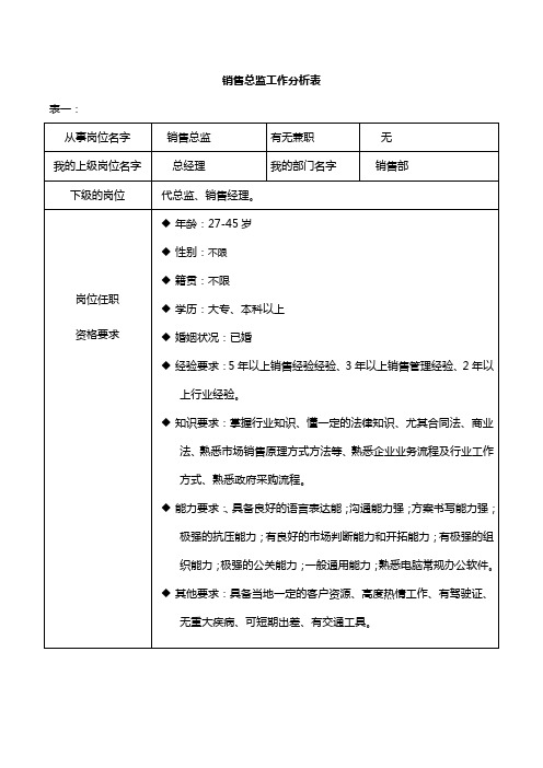 销售总监岗位分析表考核分析参考模板