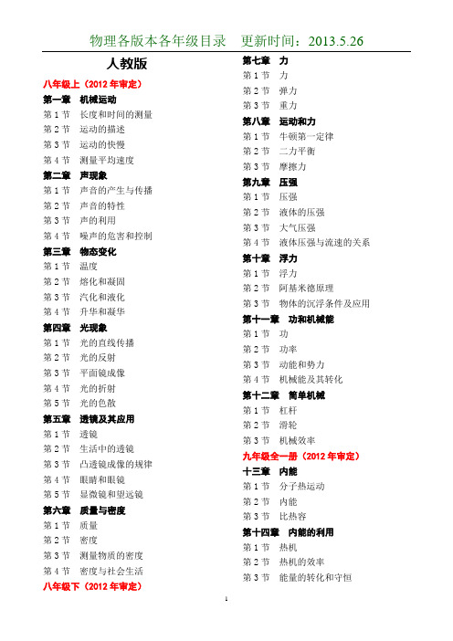 2013年初中物理各版本目录