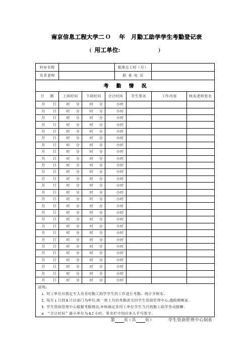 南京信息工程大学二O 年 月勤工助学学生考勤登记表