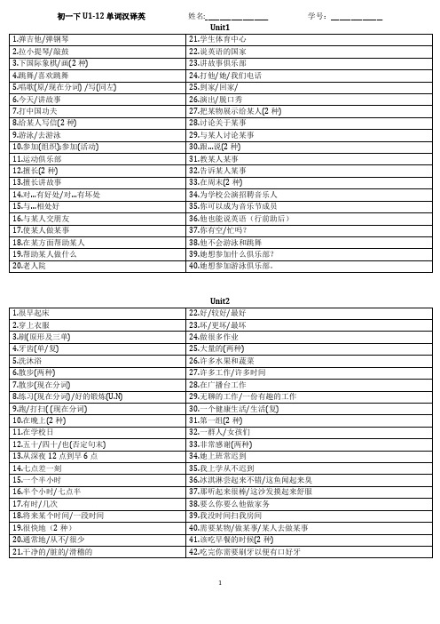 初一下U1-12单词汉译英听写2行