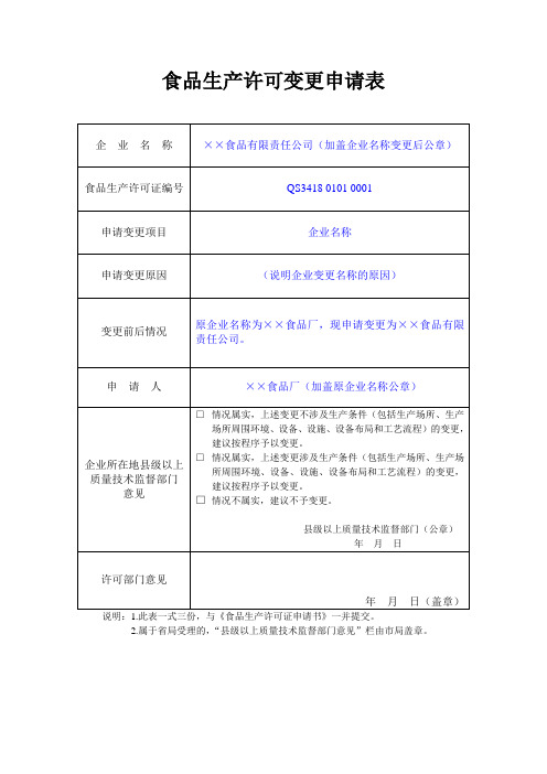 食品生产许可变更申请表(示范文本)