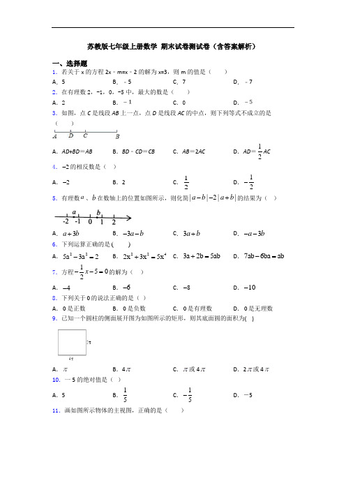 苏教版七年级上册数学 期末试卷测试卷(含答案解析)