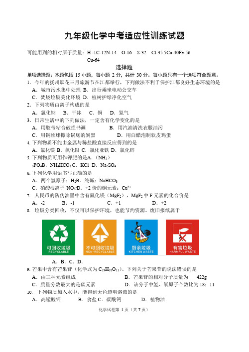 (完整版)2019年扬州市中考化学模拟试卷及答案(可编辑修改word版)