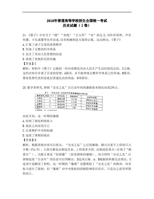 答案解析：2018年高考全国Ⅰ卷历史试题Word版