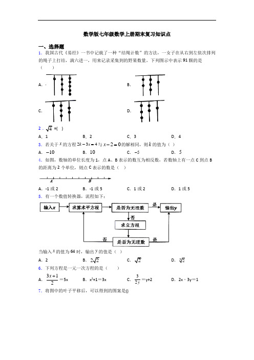 数学版七年级数学上册期末复习知识点
