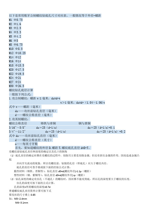 攻螺纹前钻底孔直径及底径