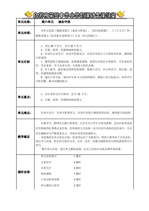 二年级下册语文第六单元整组备课教案