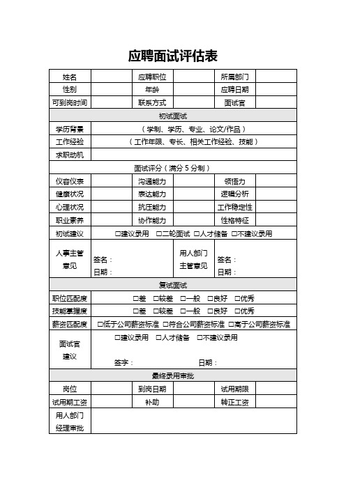 应聘面试评估汇总表word模板