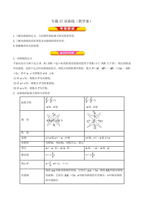 2020届高考数学(文)一轮复习讲练测 专题47双曲线(教学案)Word版含解析