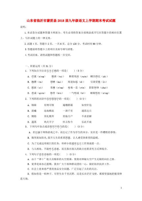 山东省临沂市蒙阴县2018届九年级语文上学期期末考试试题新人教版201812272103