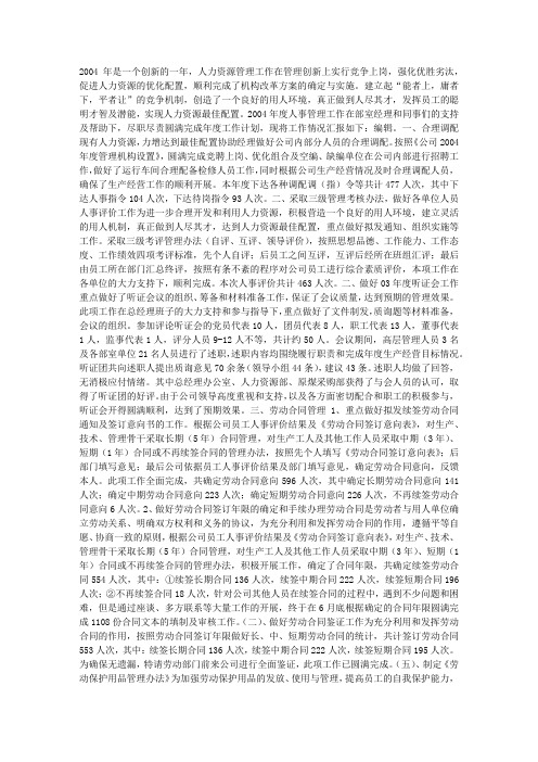 2010年2004年度人事管理工作总结