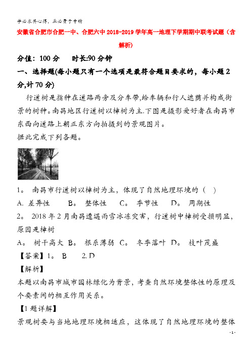 安徽省合肥市合肥一中、合肥六中2018-2019学年高一地理下学期期中联考试题(含解析)