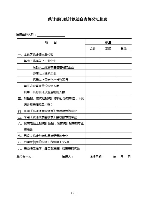 统计部门统计执法自查情况汇总表