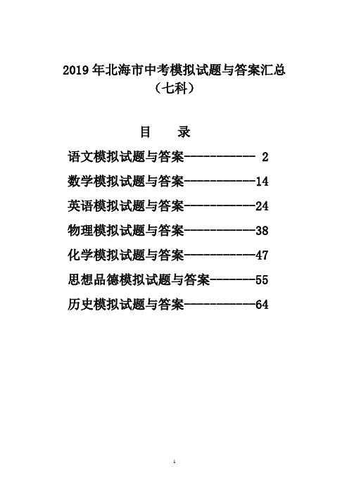 2019年北海市中考模拟试题与答案汇总(七科)