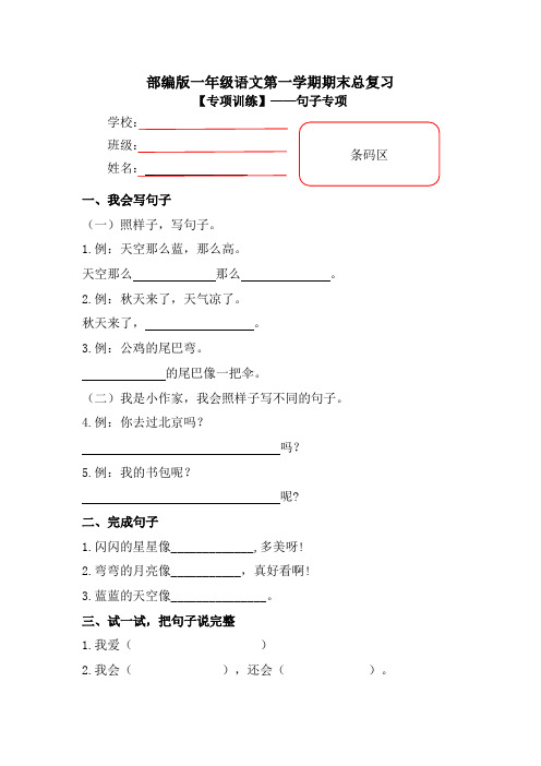 【期末复习专项训练】小学语文一年级上册期末总复习《句子专项练习》附答案