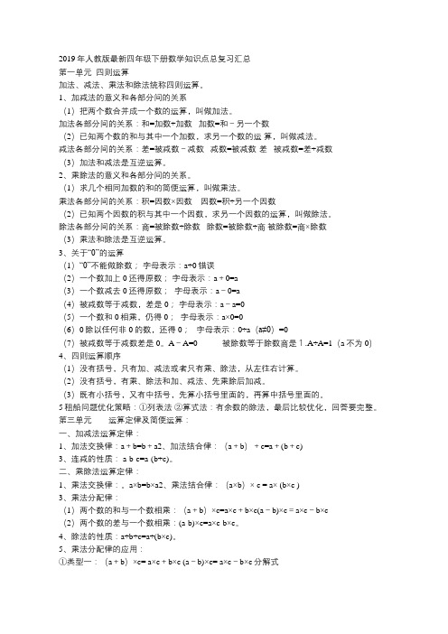 2019年人教版最新四年级下册数学知识点总复习汇总