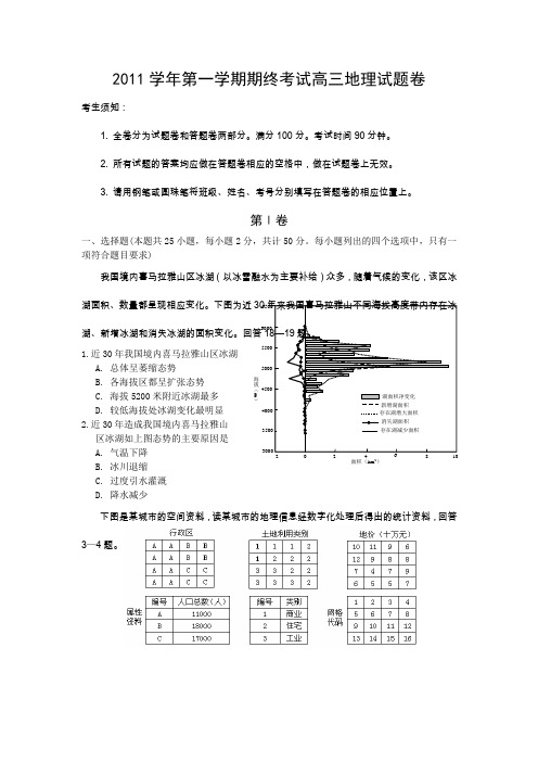 2011学年第一学期期终考试高三地理试题卷