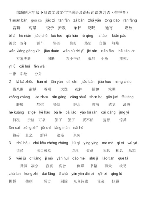 部编制六年级下册语文课文生字词语及课后词语表词语(带拼音)
