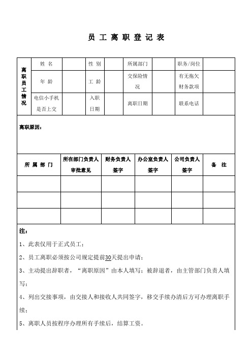 员工离职登记表模板