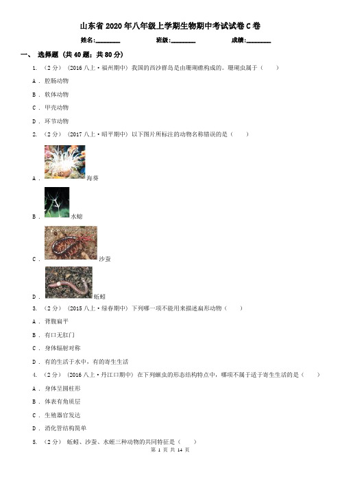 山东省2020年八年级上学期生物期中考试试卷C卷