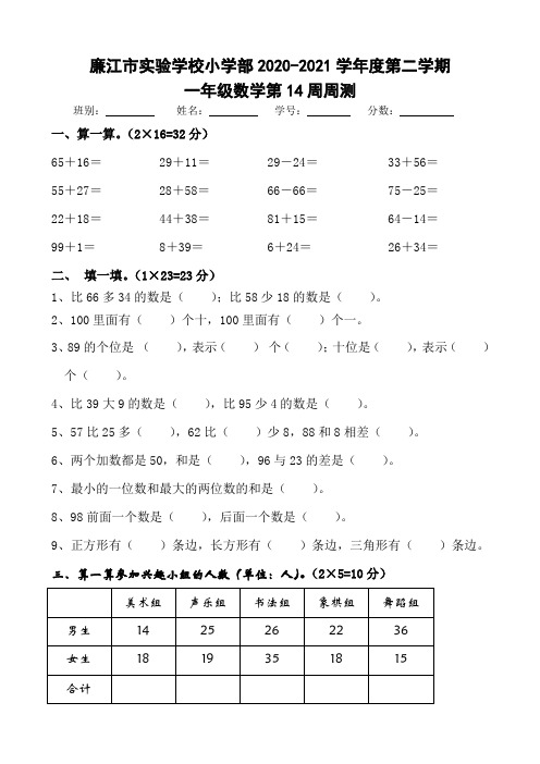 2020-2021学年一年级下学期数学第14周周测(北师大版)