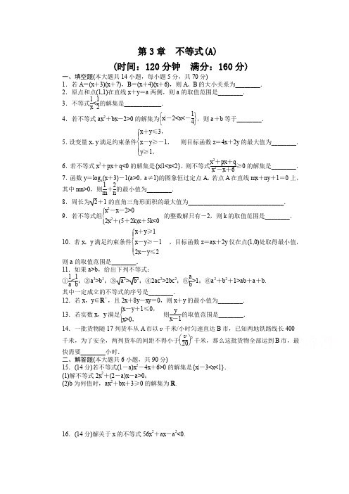高中数学(苏教版,必修五) 第3章 不等式 第3章 单元测试(A) 课时作业(含答案)