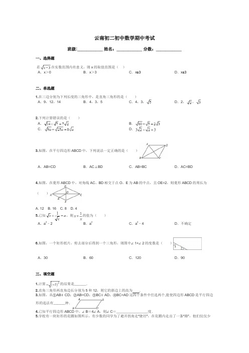云南初二初中数学期中考试带答案解析
