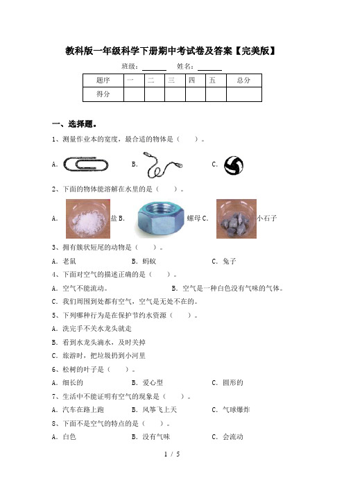 教科版一年级科学下册期中考试卷及答案【完美版】
